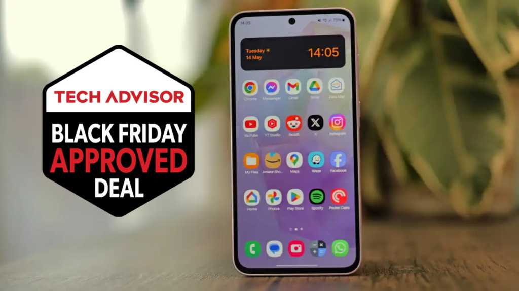 Samsung Galaxy A35 5G with Tech Advisor Black Friday Approved Deal logo next to it