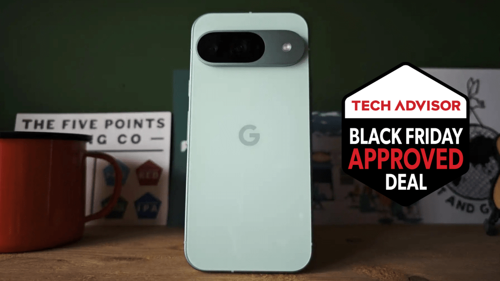 Google Pixel 9 next to Tech Advisor Black Friday Approved Deal badge