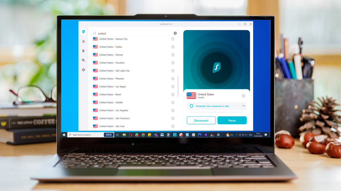 Surfshark VPN connected to US server on a laptop